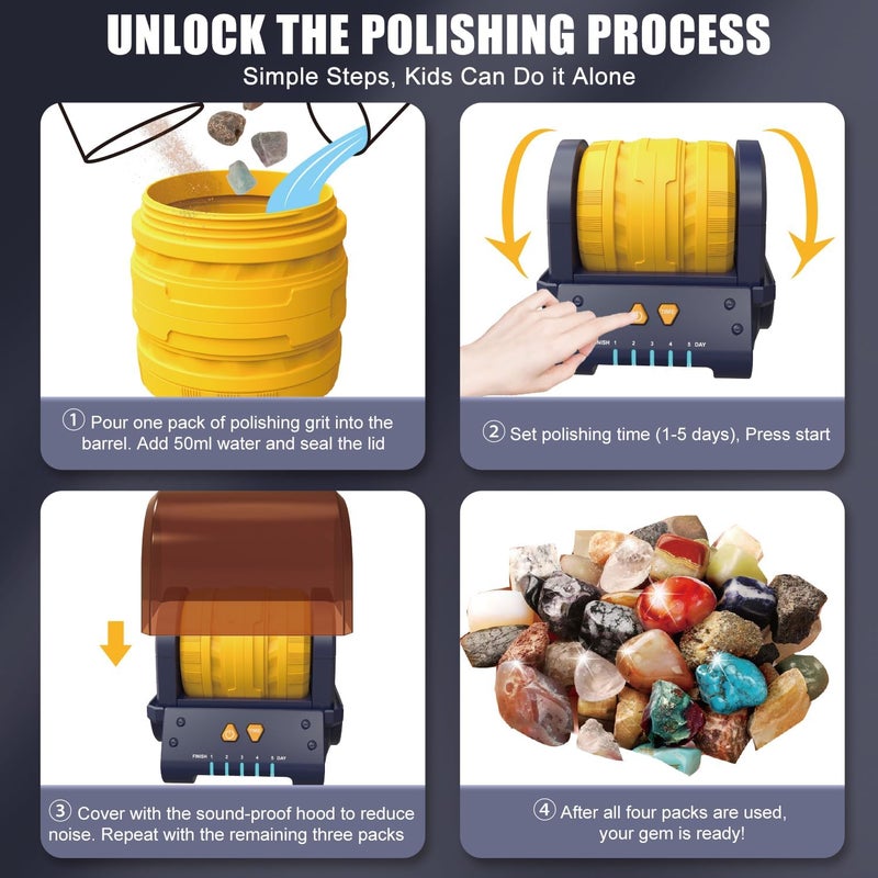 Fistone Rock Tumbler Kit - Noise-Reducing Rock Polisher for Kids & Adults | 5-Day Timer | Great STEM Gift for Young Rock Collectors & Geology Enthusiasts - Image 2